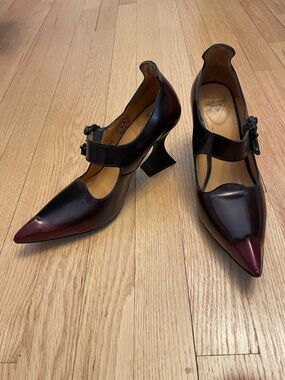 John Fluevog Women's Burgundy and Black Pointed Odette Mary Jane Heels